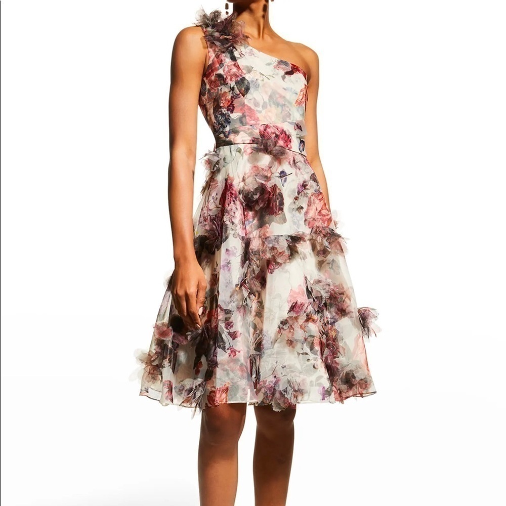 MARCHESA NOTTE One-Shoulder Tulle Dress w/ 3D Applique